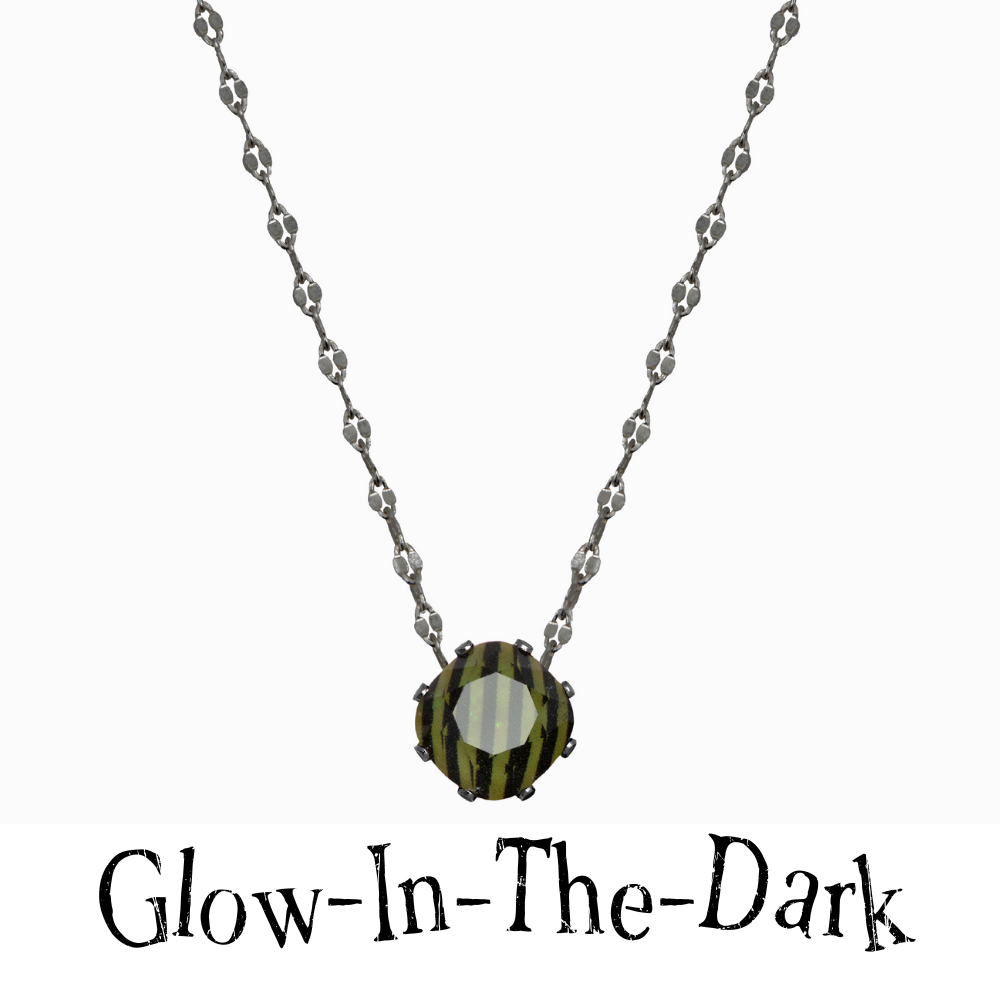 Black and Lime Green striped Glow in the Dark crystal necklace in hematite.