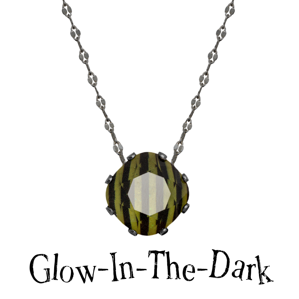 Black and Lime Green striped Glow in the Dark crystal necklace in hematite.