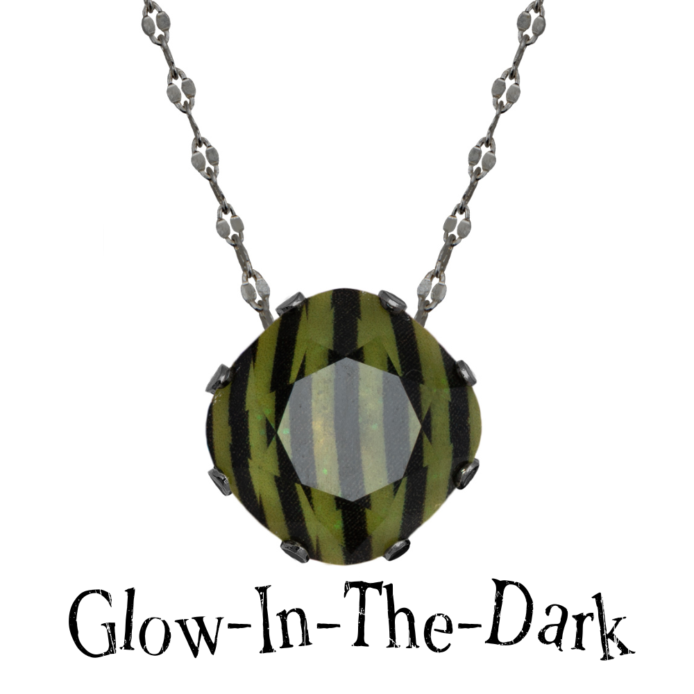 Black and Lime Green striped Glow in the Dark crystal necklace in hematite.