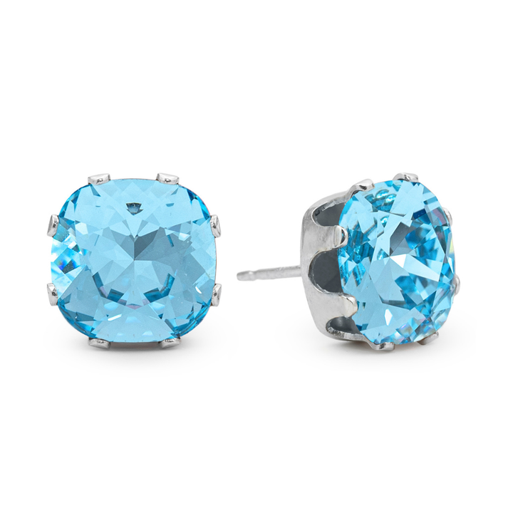 Aqua Cushion Sterling Silver Stud Earrings