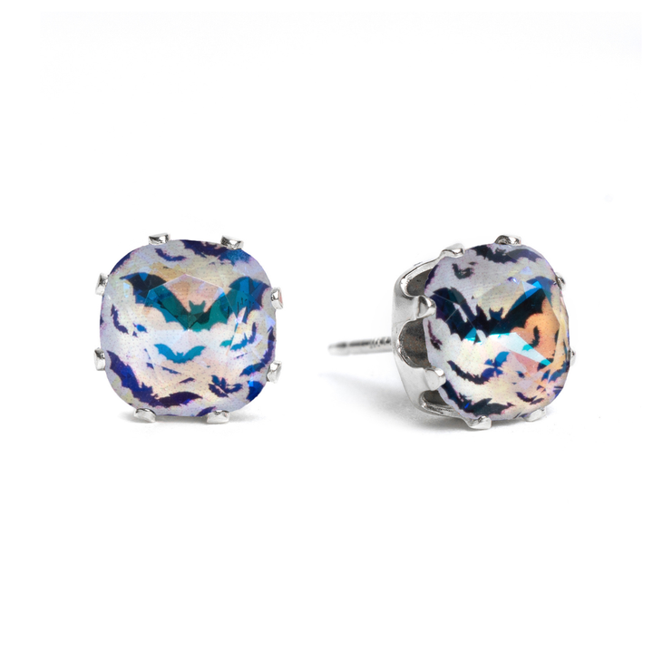 Bat Chick Crazy Mini Cushion stud earrings set in .925 Sterling Silver for spooky, lightweight sparkle.
