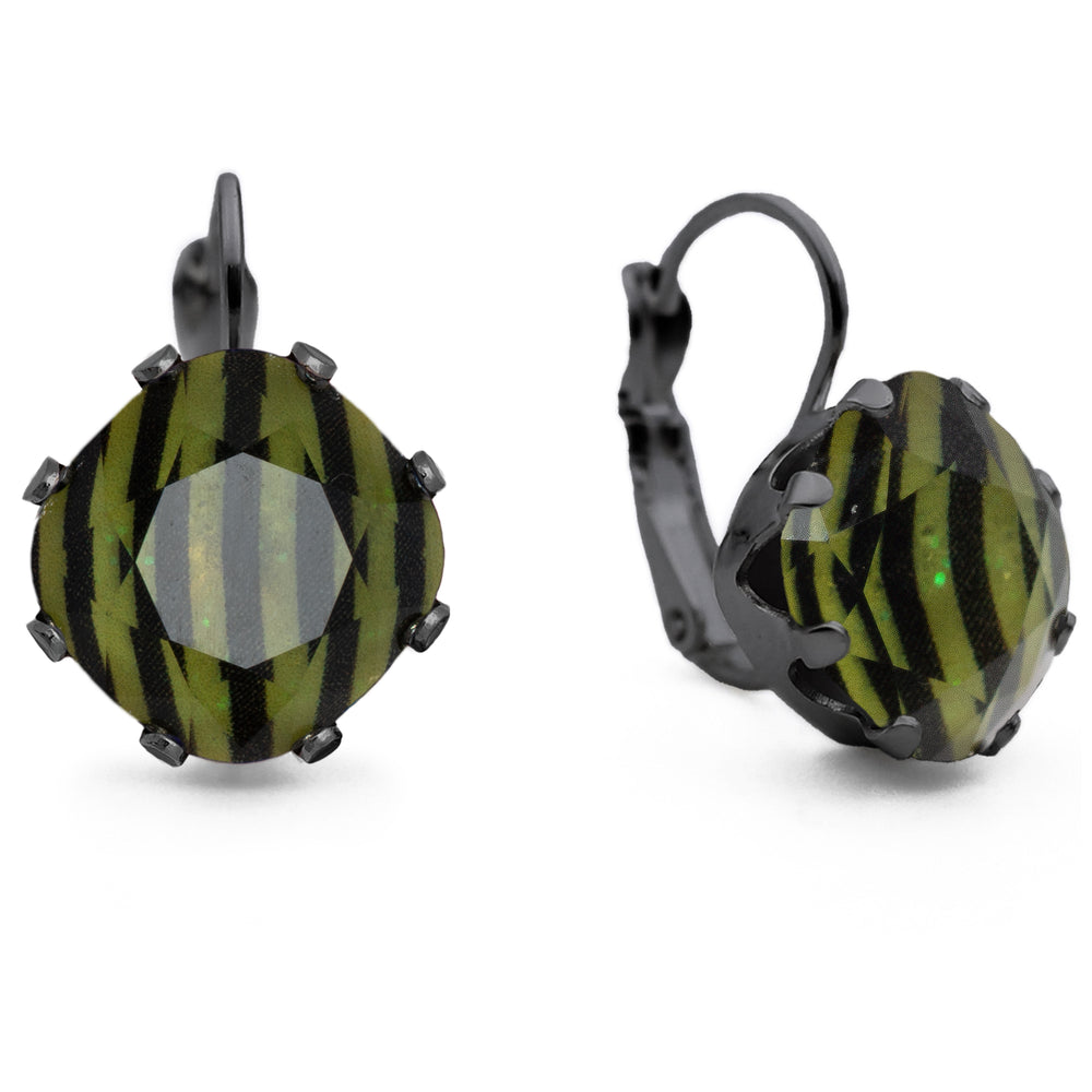 Black and Lime Green striped Glow in the Dark leverback earrings in hematite.