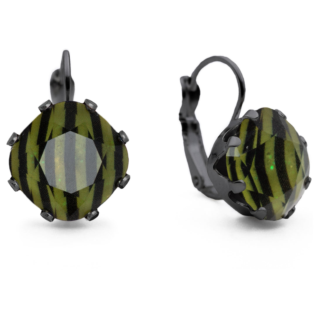 Black and Lime Green striped Glow in the Dark leverback earrings in hematite.