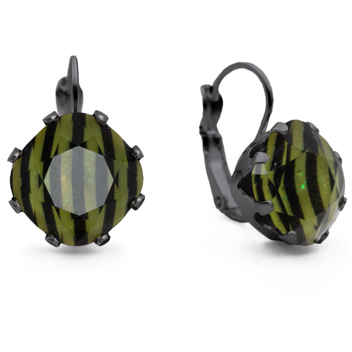 Black and Lime Green striped Glow in the Dark leverback earrings in hematite.