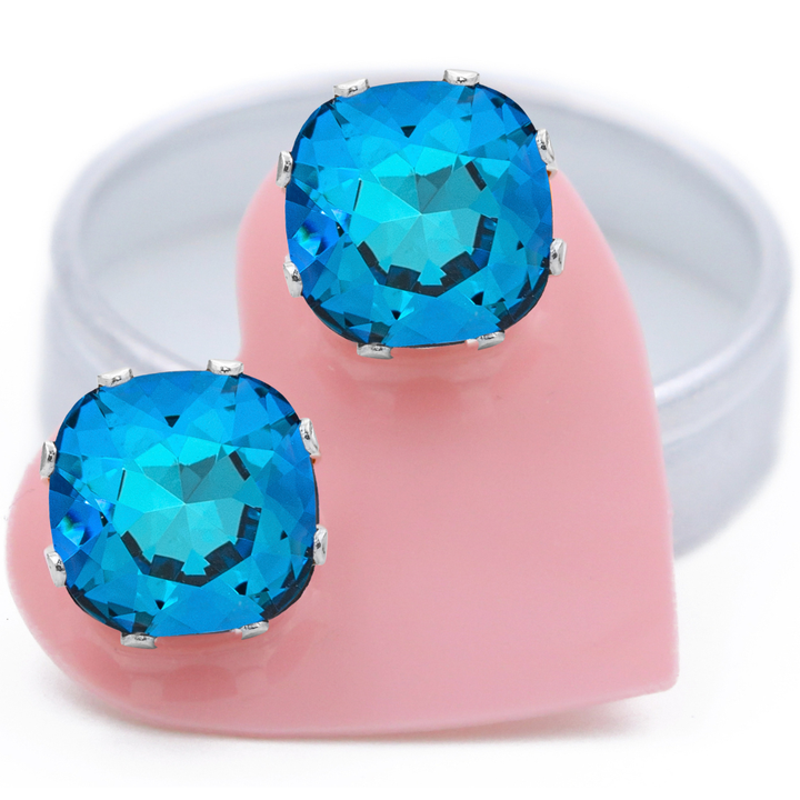 Bermuda Blue Mega Cushion Sterling Silver Stud Earrings