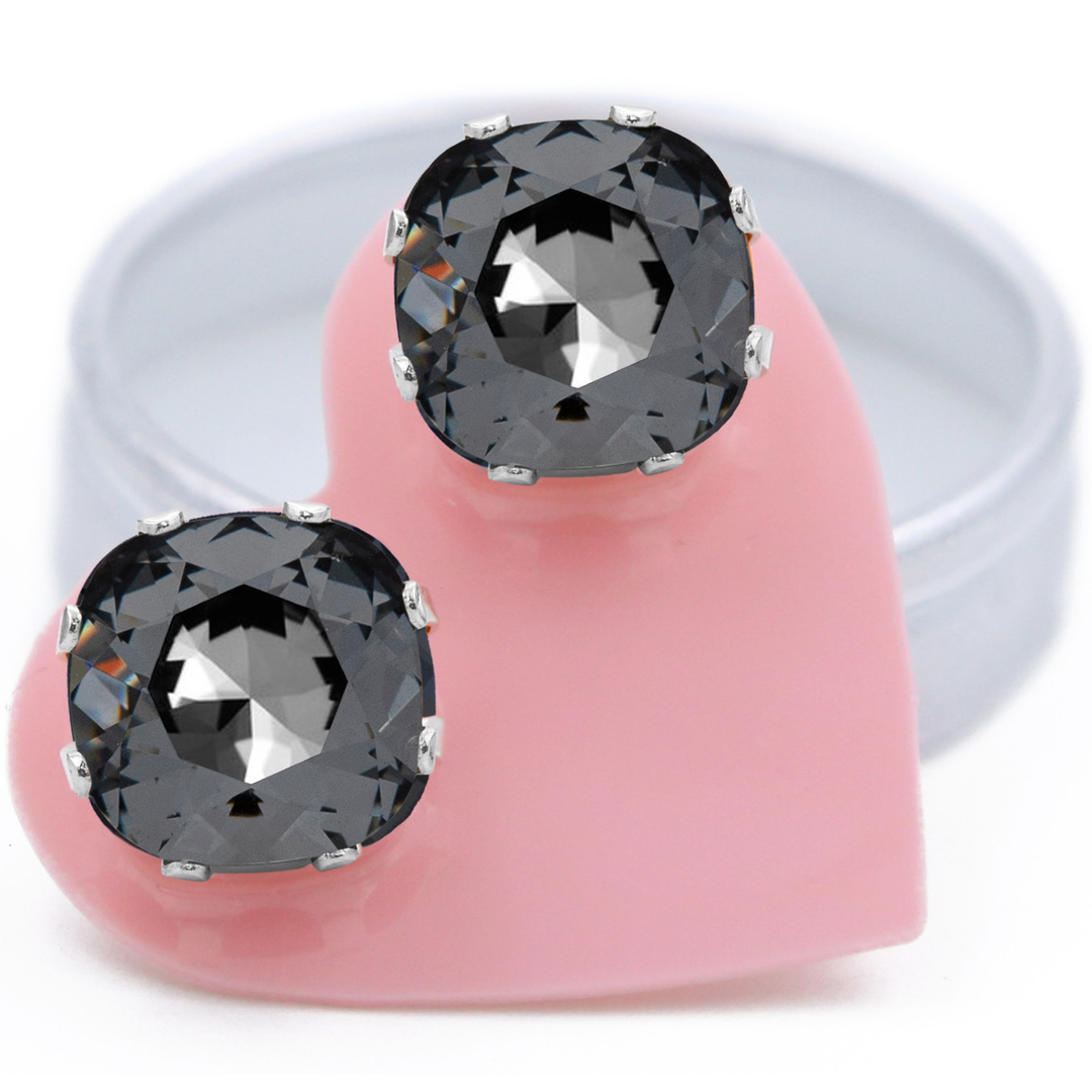 Black Sparkle Mega Cushion Sterling Silver Stud Earrings