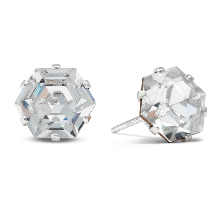 Clear Vintage Mega Hexagon Sterling Silver Stud Earrings