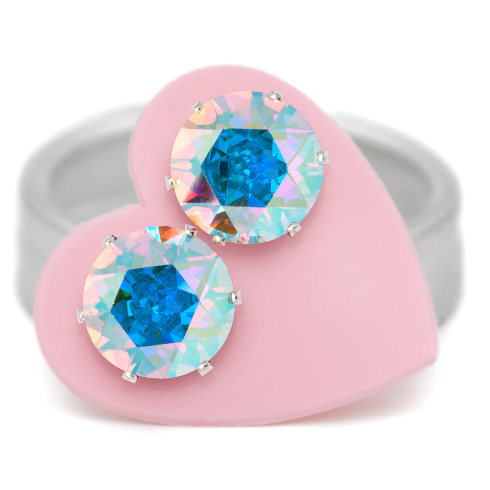 A pair of original round crystal ab Austrian crystal stud earrings in .925 sterling silver, 10–11.25mm, carded on a pink heart