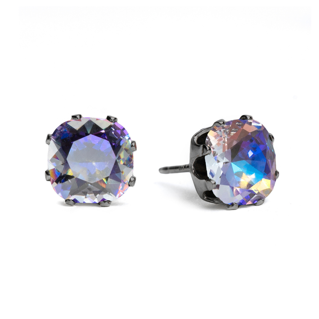 Dark Angel Mini Cushion stud earrings with aura-coated clear crystals flashing purple, aqua, pink, green, yellow, and orange