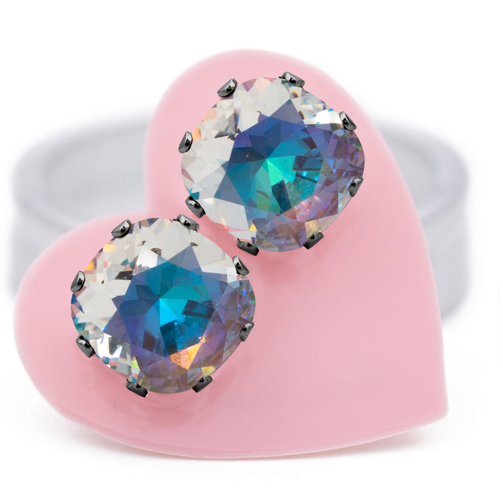 Dark Angel Cushion stud earrings with clear crystals flashing purple, aqua, pink, green, yellow, and orange in Hematite