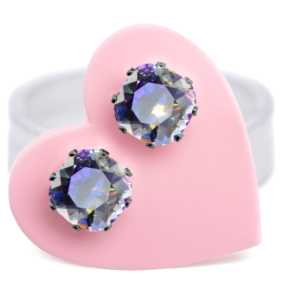 Dark Angel Mini Cushion stud earrings with aura-coated clear crystals flashing purple, aqua, pink, green, yellow, and orange