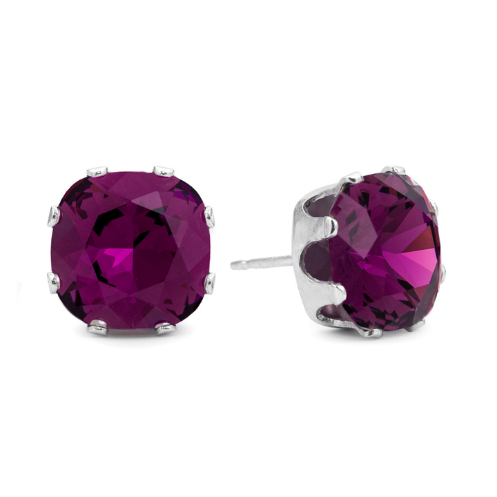 Dark Purple Cushion Sterling Silver Stud Earrings