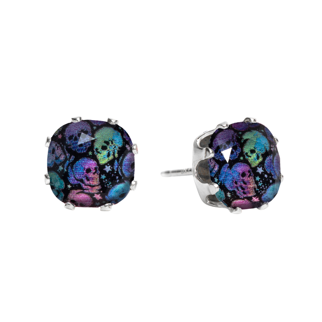 Deadly Disco Mini Cushion stud earrings with petite crystals with bright skulls, set in .925 Sterling Silver.