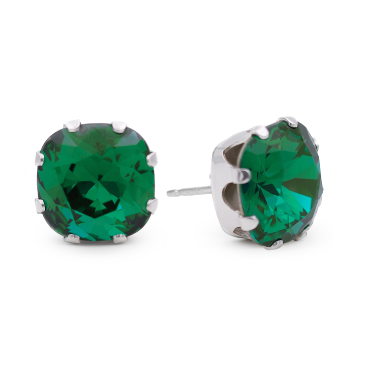 Emerald Cushion Sterling Silver Stud Earrings