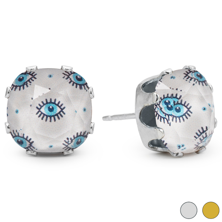 Evil Eye Mega Cushion Sterling Silver Stud Earrings