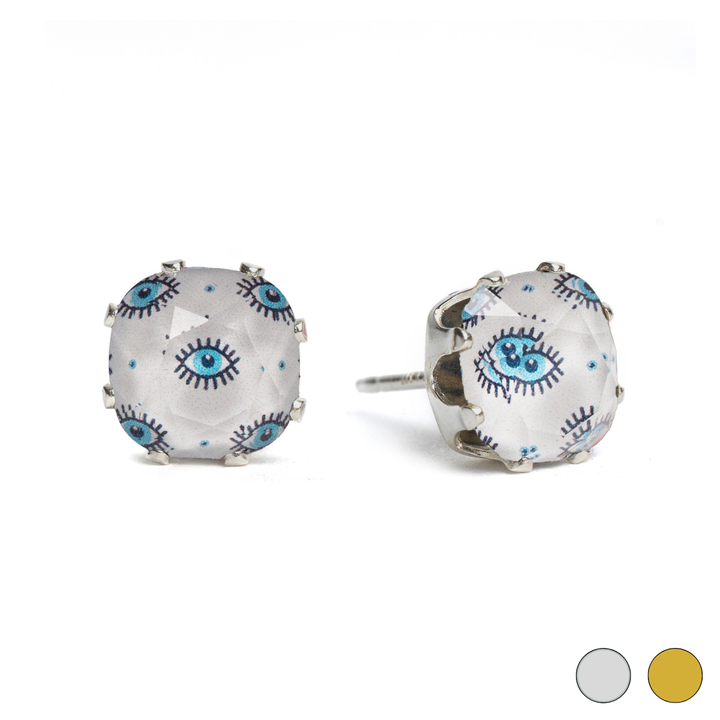 Evil Eye Mini Cushion Sterling Silver Stud Earrings