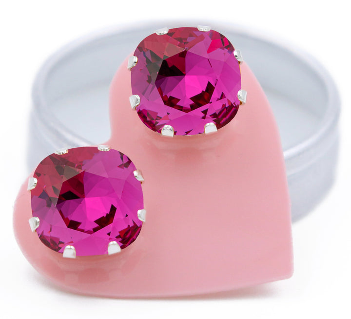 Fuchsia Mega Cushion Sterling Silver Stud Earrings