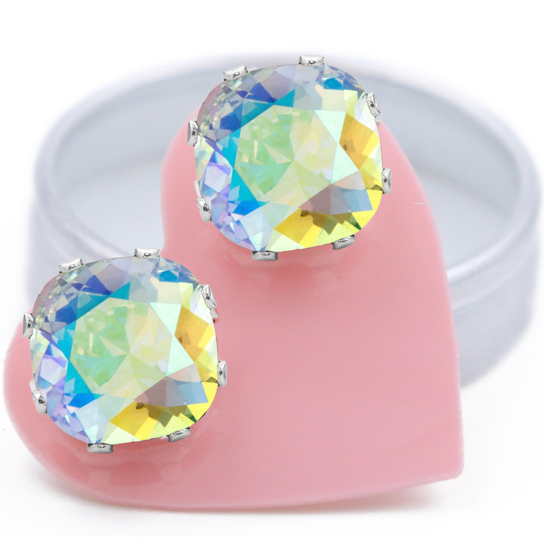 Ice AB Mega Cushion Sterling Silver Stud Earrings