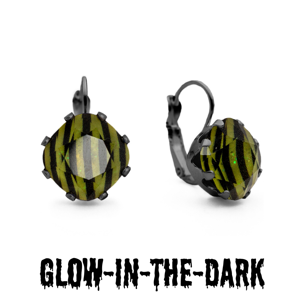Black and Lime Green striped glow in the dark leverback earrings in hematite.