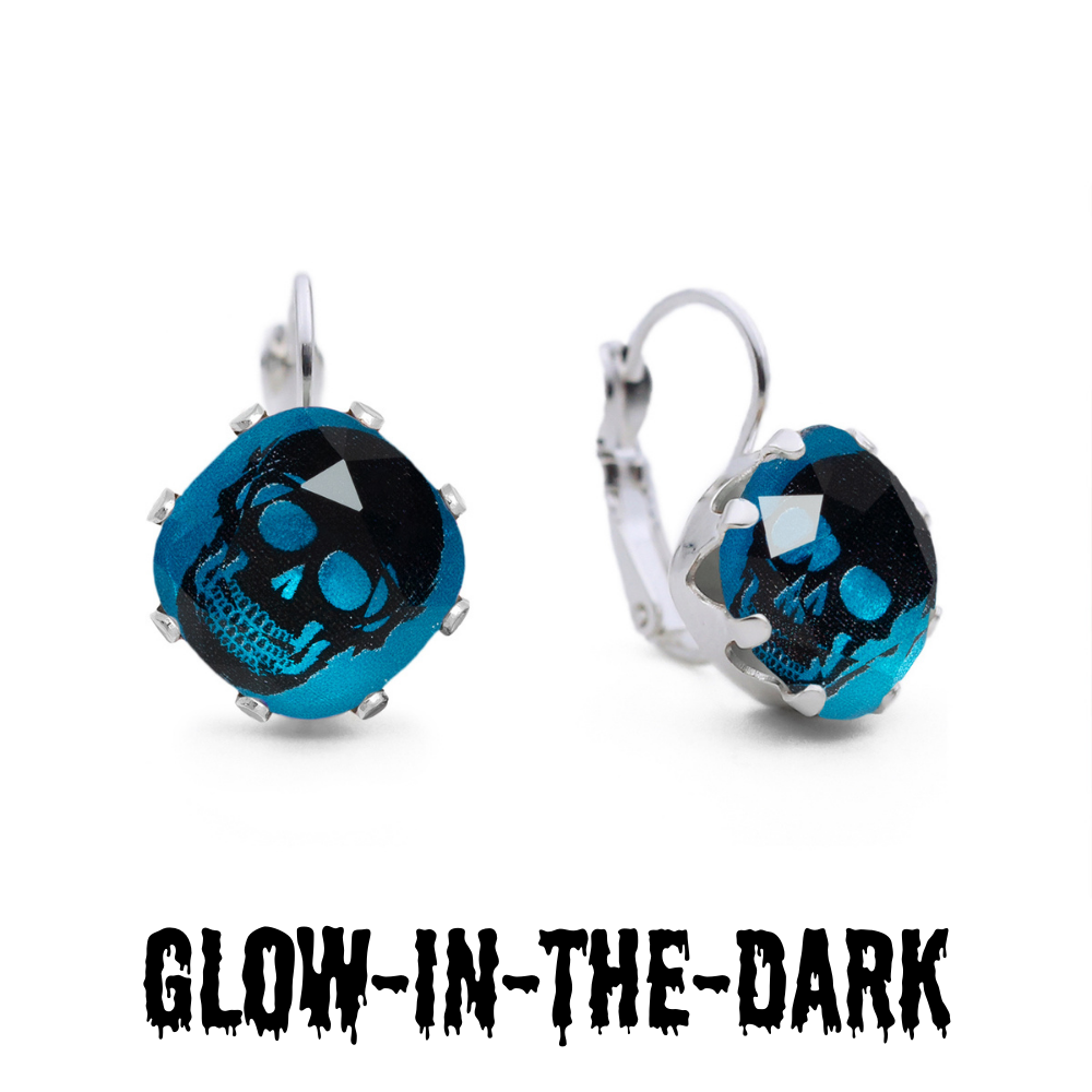 Spooky Scary Skeleton Mini Leverback Drop Earrings with glow-in-the-dark Halloween crystals.
