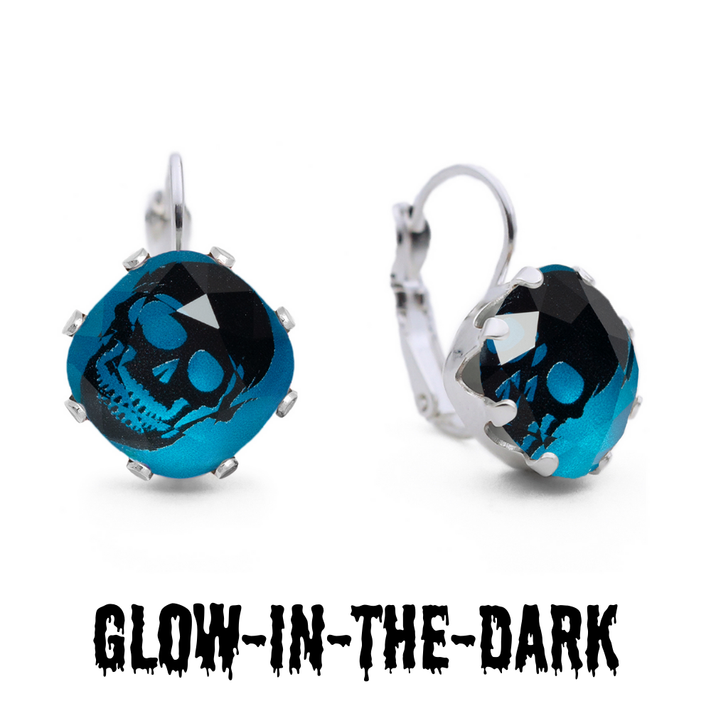 Spooky Scary Skeleton Leverback Drop Earrings with glow-in-the-dark Halloween crystals and secure closures.