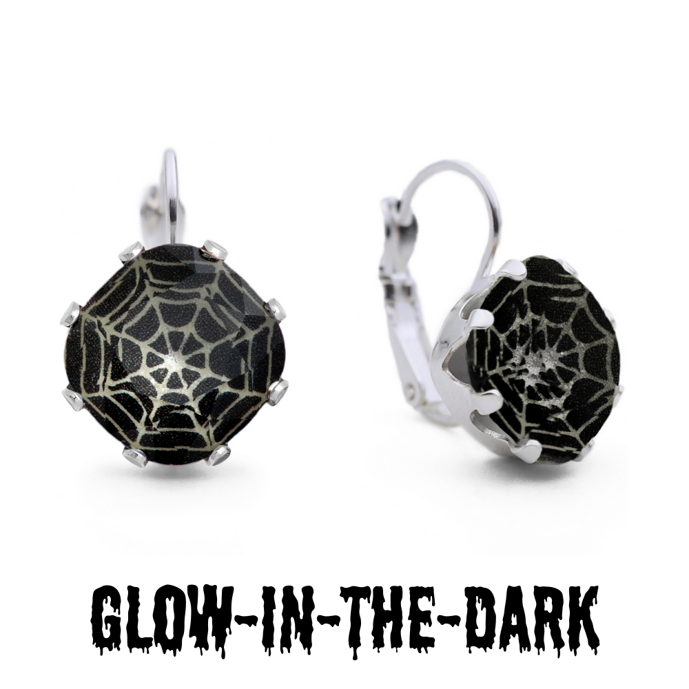 Dark Web leverback earrings with lights on.