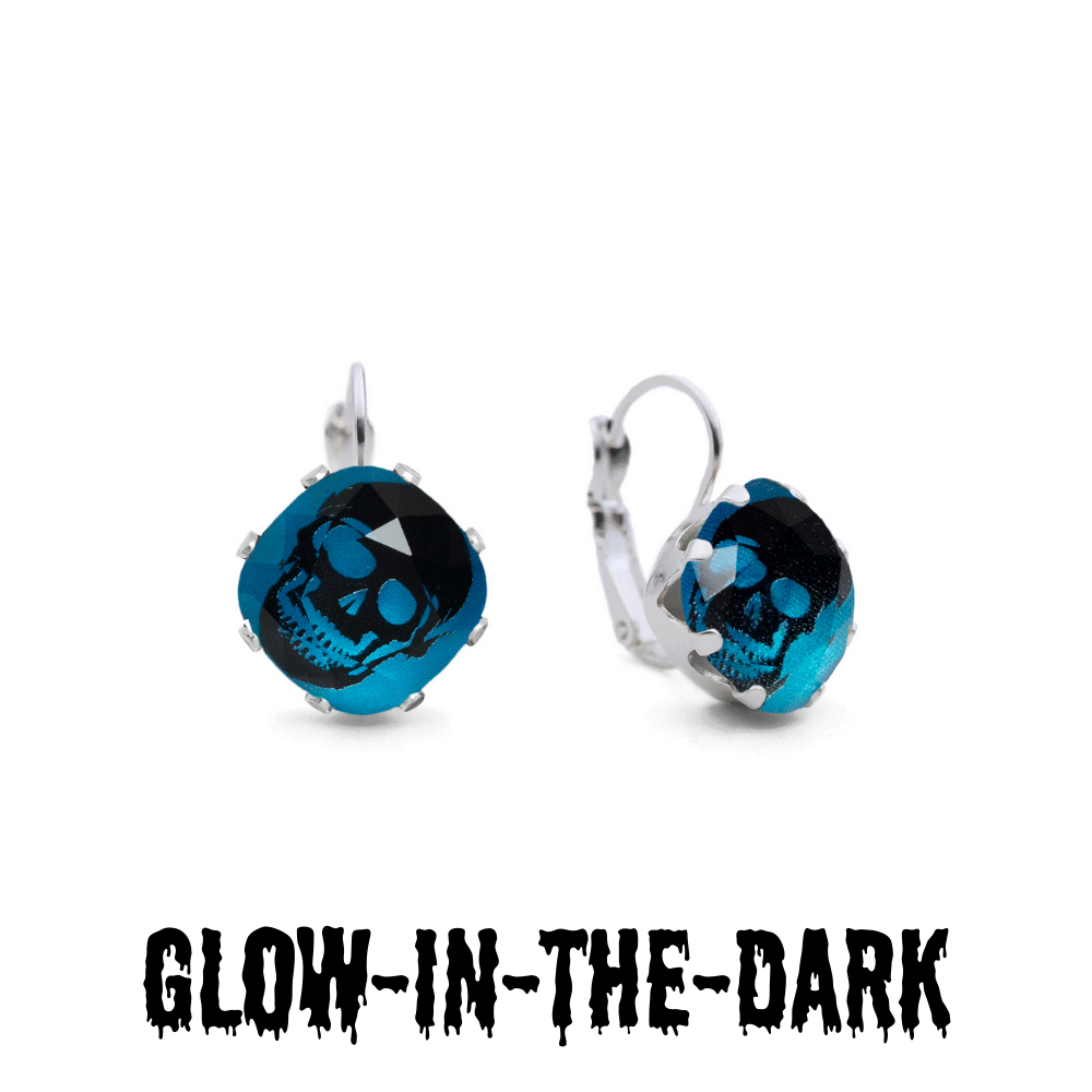 Spooky Scary Skeleton Mini Leverback Drop Earrings with glow-in-the-dark Halloween crystals.