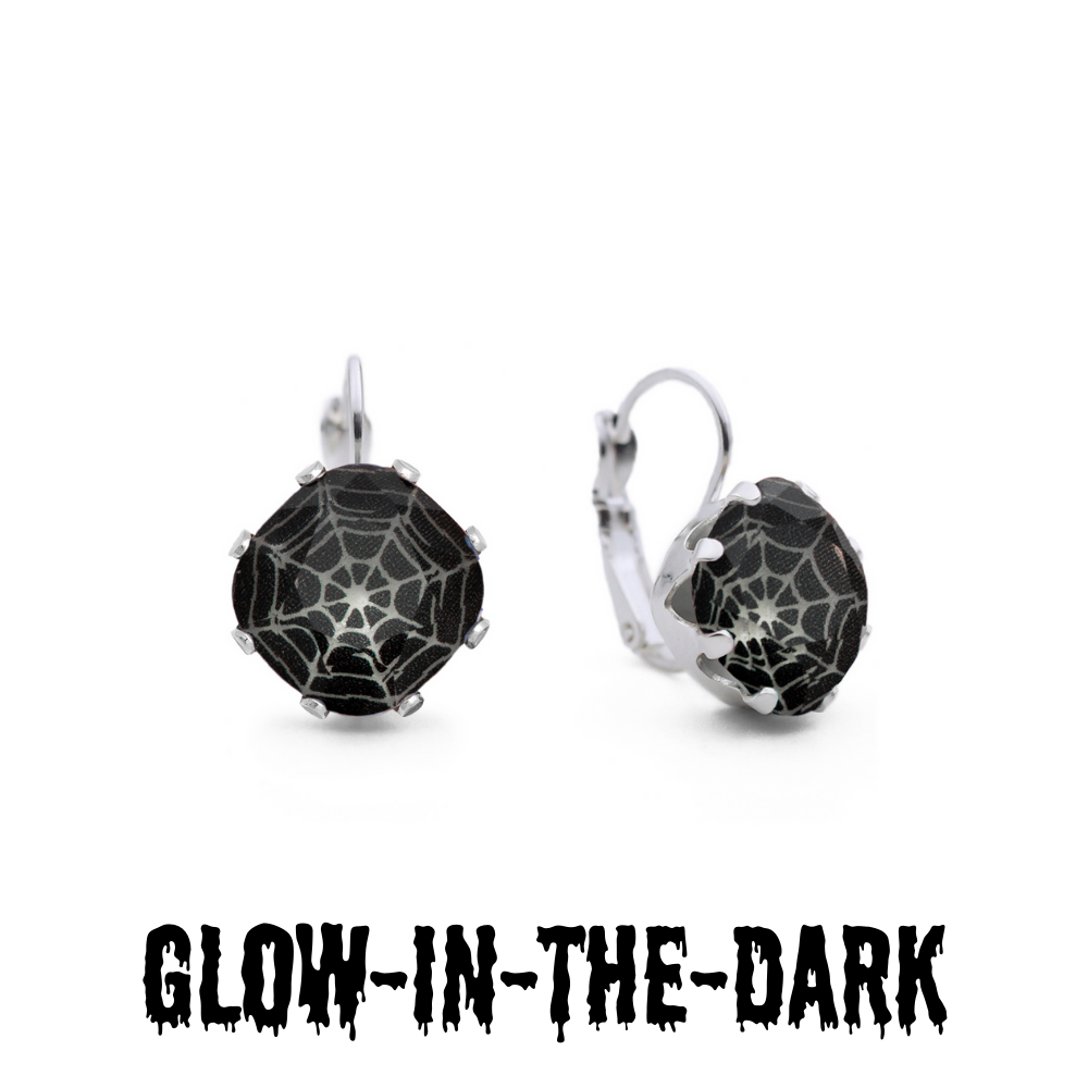 Dark Web Mega Leverback glow in the dark earrings in the light.