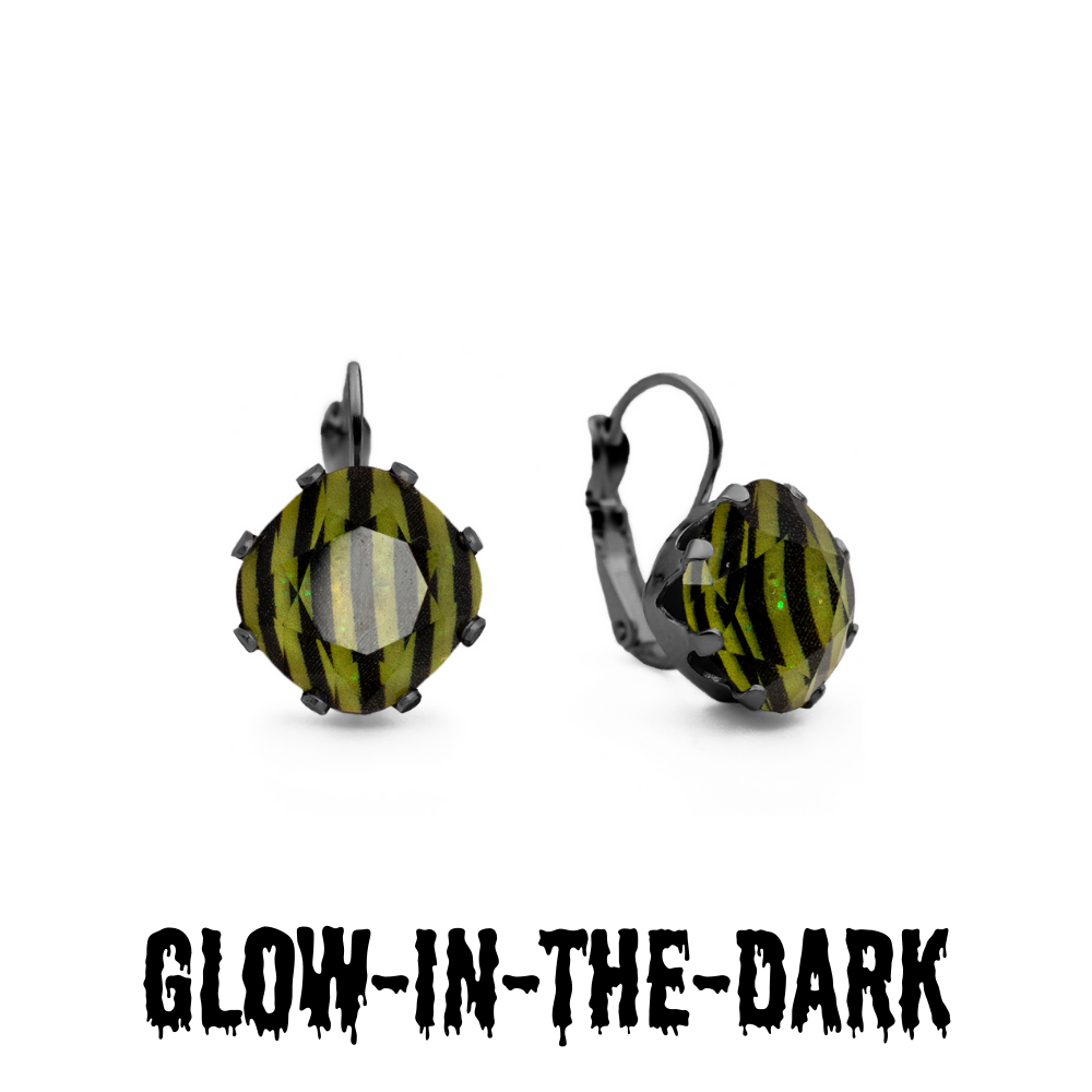 Black and Lime Green striped glow in the dark Leverback earrings in Hematite.