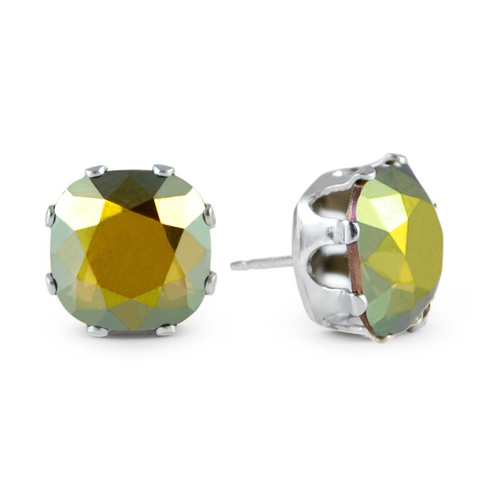 Metallic Green Cushion Sterling Silver Stud Earrings