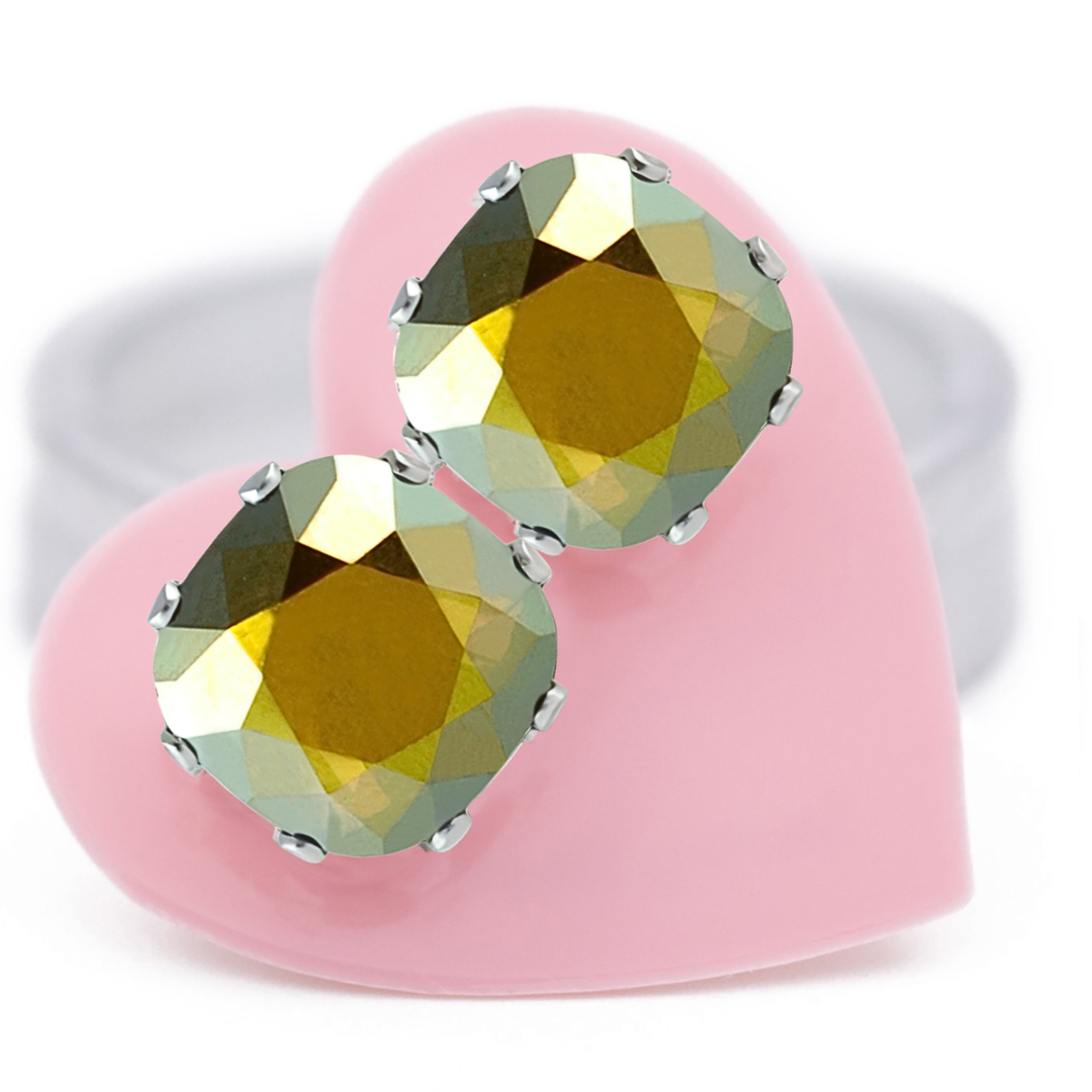 Metallic Green Cushion Sterling Silver Stud Earrings