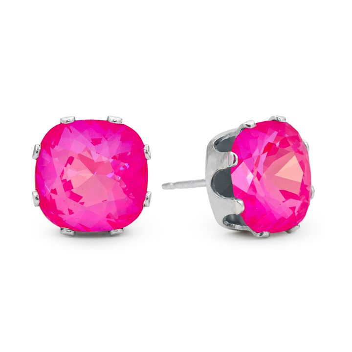 Neon Pink Cushion Sterling Silver Stud Earrings