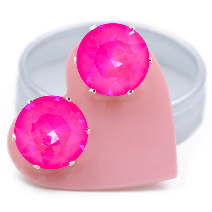 Neon Pink Mega Bling Sterling Silver Stud Earrings