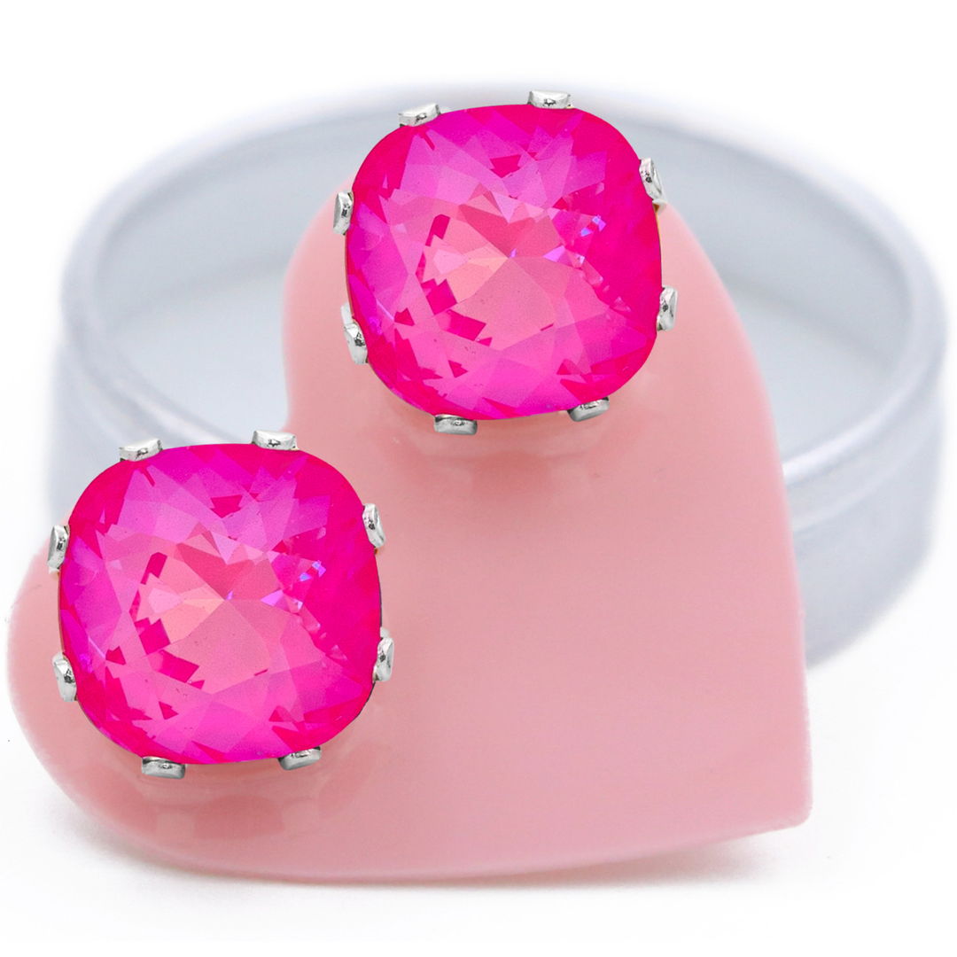 Neon Pink Mega Cushion Sterling Silver Stud Earrings