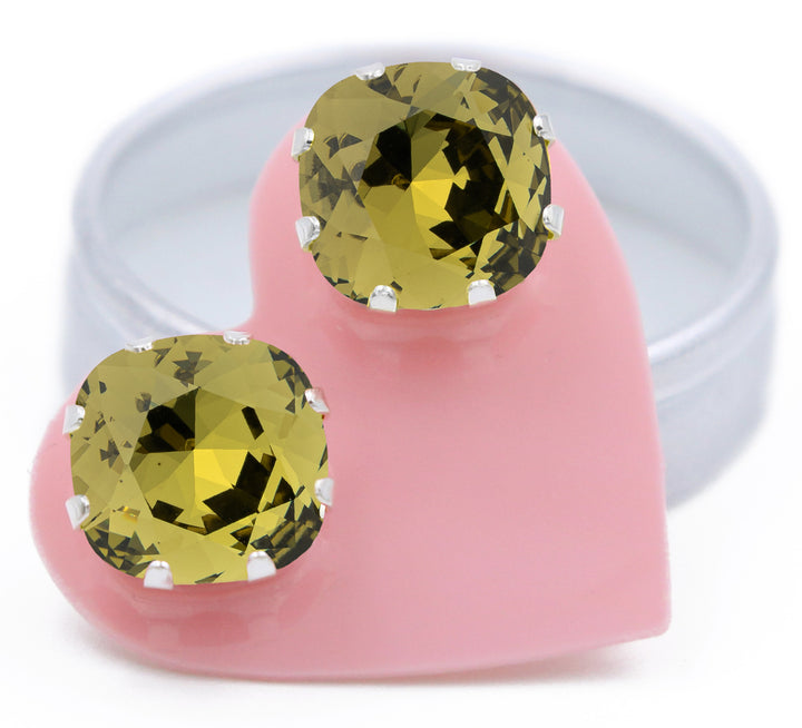 Olive Mega Cushion Sterling Silver Stud Earrings