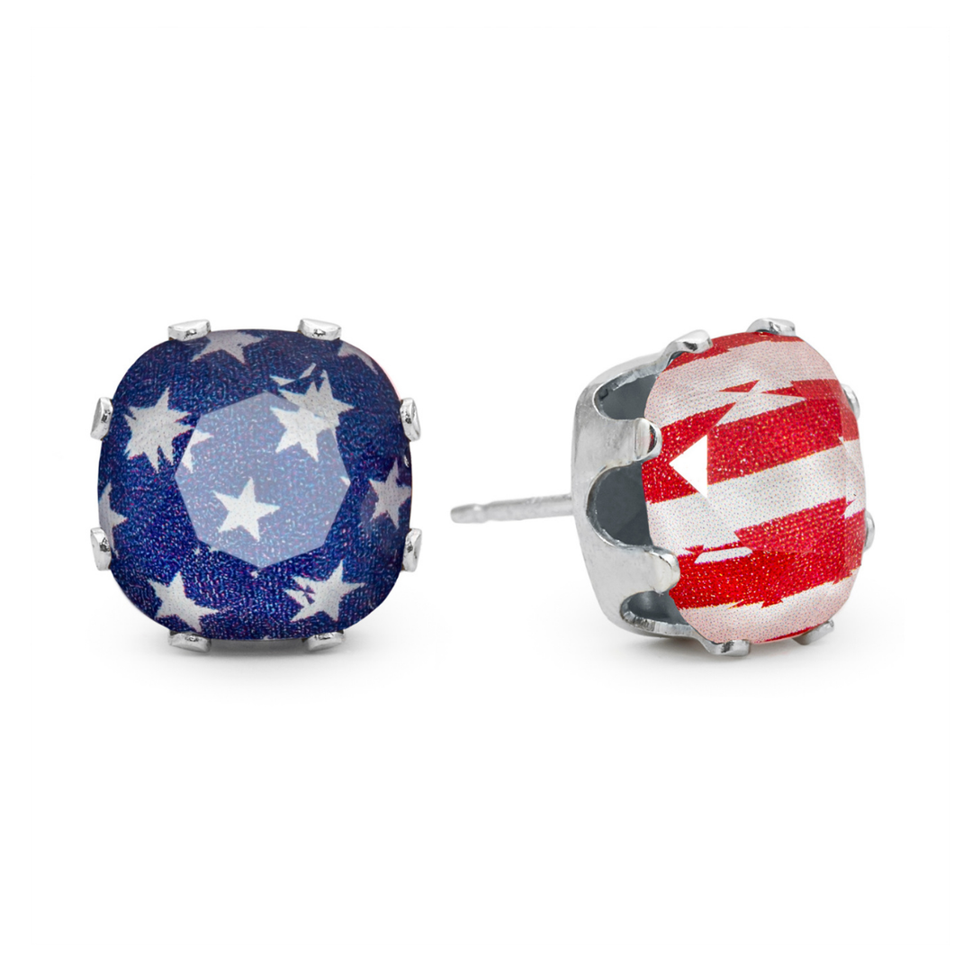 Stars & Stripes Cushion Sterling Silver Stud Earrings
