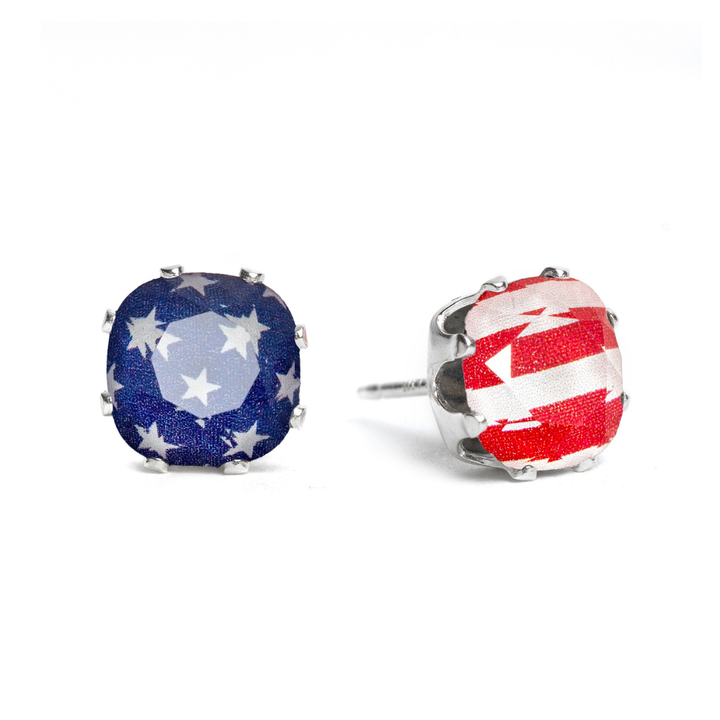Stars & Stripes Mini Cushion Sterling Silver Stud Earrings