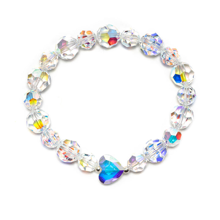 If you’re ready for your wrists to sparkle brighter than your ears, then you’re in luck.  Our Crystal AB Mega Love Bracelet will deck your wrist out in faceted 10mm and alternating 8mm Crystal AB beads with a gorgeous faceted 12mm heart and 2 dainty Sterling Silver beads in the center, to remind you how loved you are.  Available in 6.5”, 7”, 7.5” to keep your wrist happy.