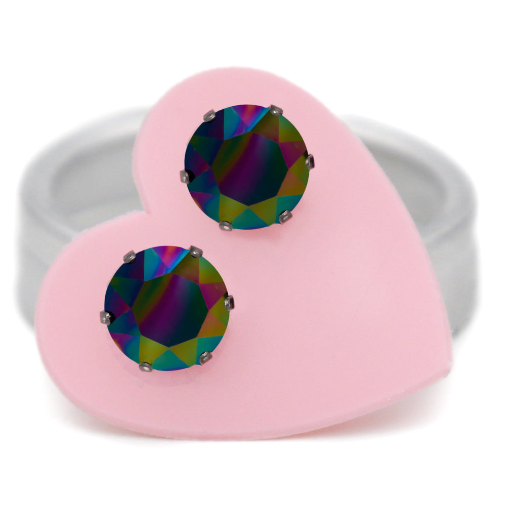 Dark rainbow (AB) aurora borealis 8mm Austrian crystal stud earrings in .925 sterling silver