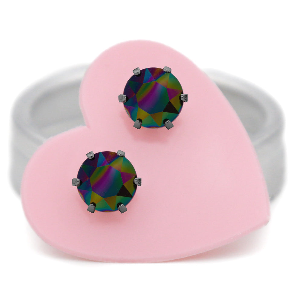 Metallic black rainbow 6mm Austrian crystal stud earrings in .925 sterling silver